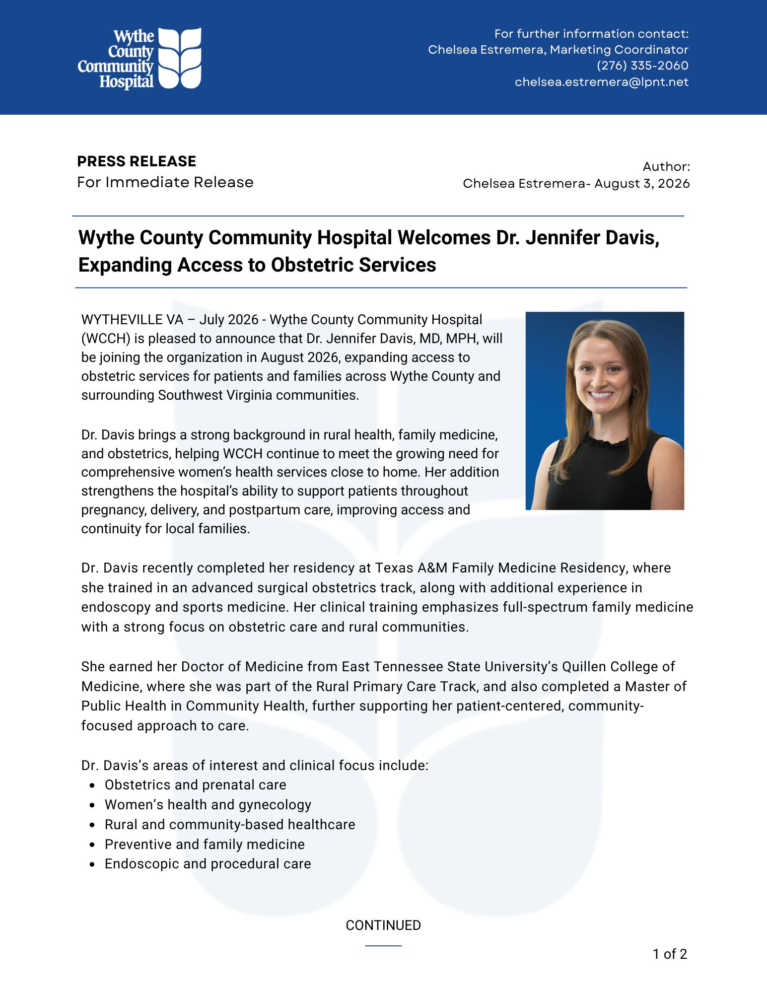 Wythe County Community Hospital Welcomes Dr. Jennifer Davis, Expanding Access to Obstetric Services