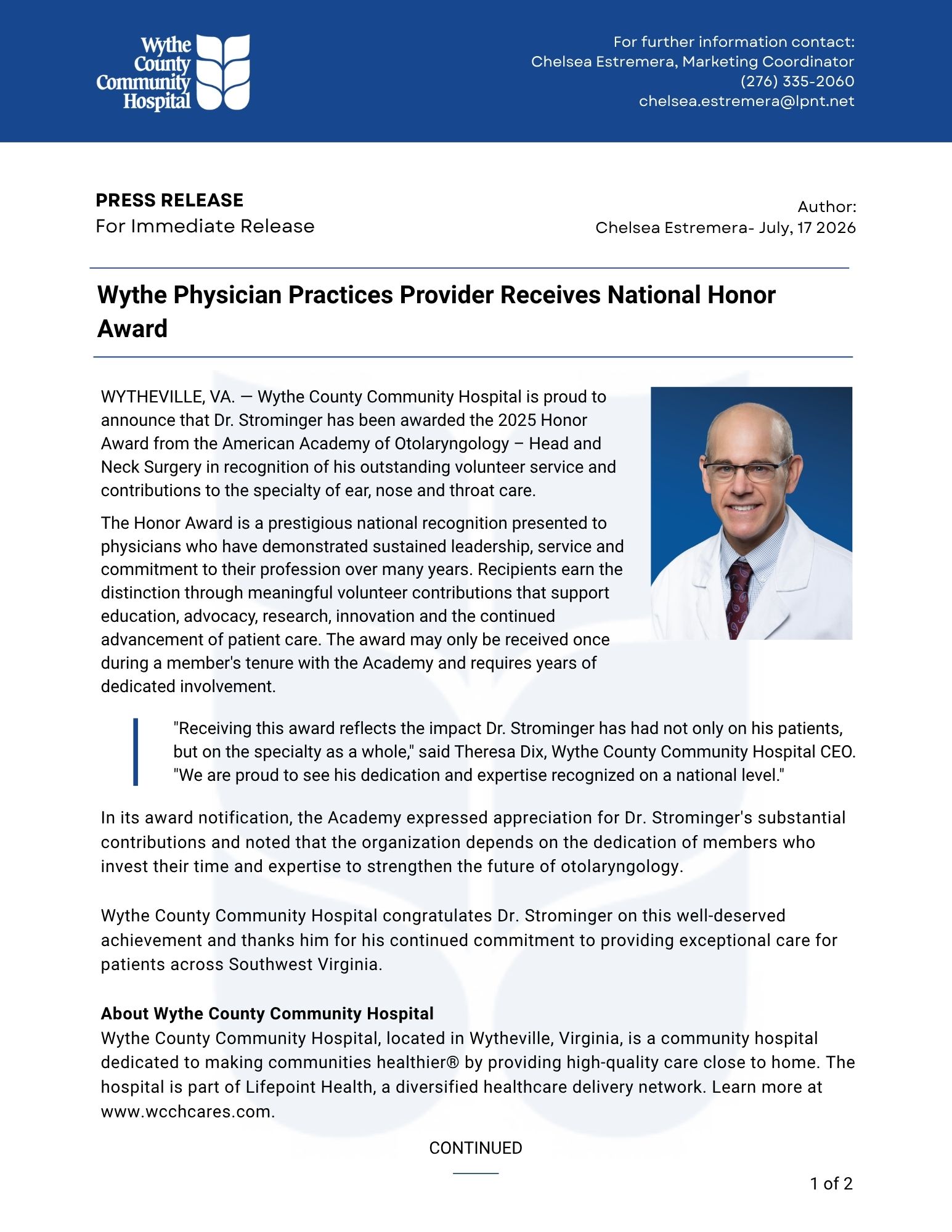 Wythe Physician Practices Provider Receives National Honor Award